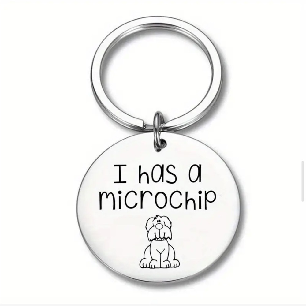 Stainless Steel Engraved Pet ID Tag - “I has a Microchip” for Dog or Cat